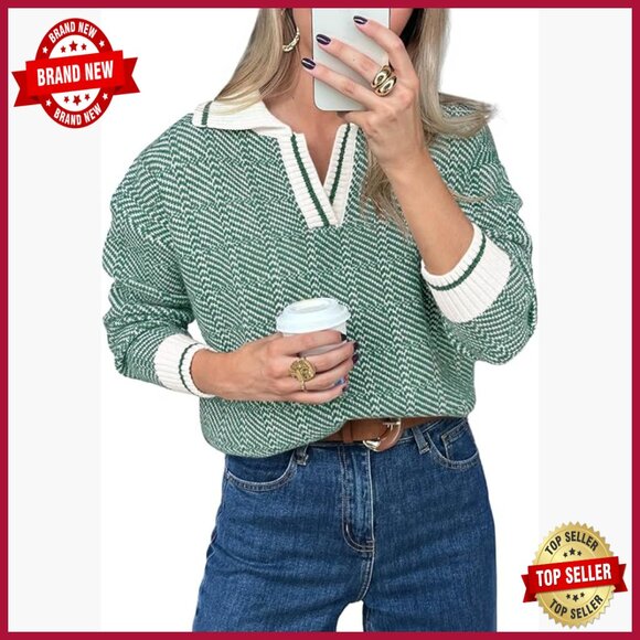 Sweaters - Long Sleeve V-Neck Pullover Sweater, Chunky Knit, Lapel Collar, Color Block